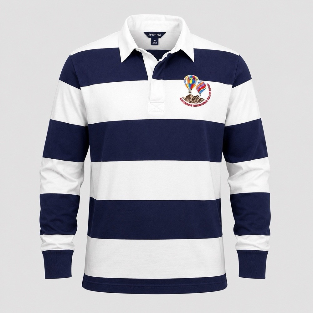 Sport-Tek Rugby Polo Shirt Men's XL Striped Navy White 100% Cotton Embroidered